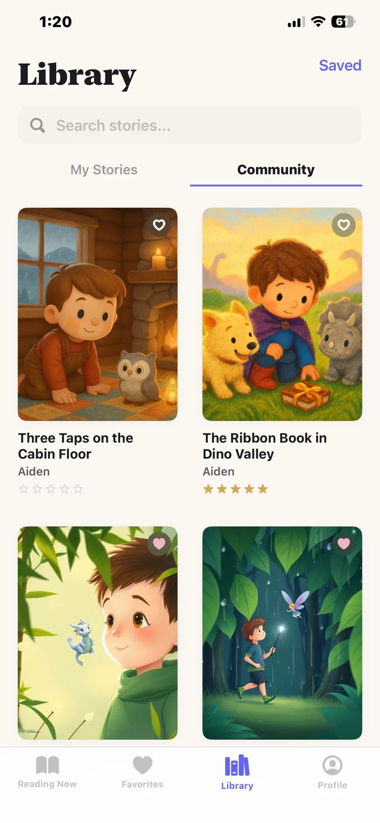 DreamWeaver community library showing stories shared by other families