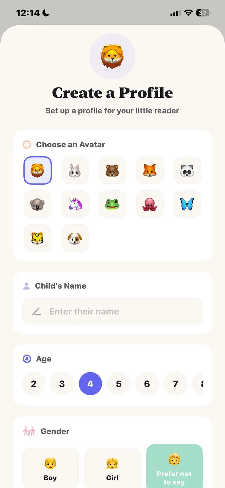 DreamWeaver create profile screen showing avatar, name, age and gender fields