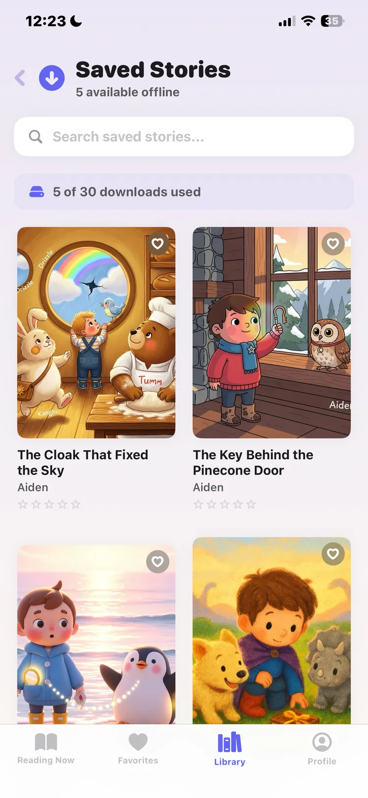 DreamWeaver saved stories screen showing offline downloads with colorful story covers