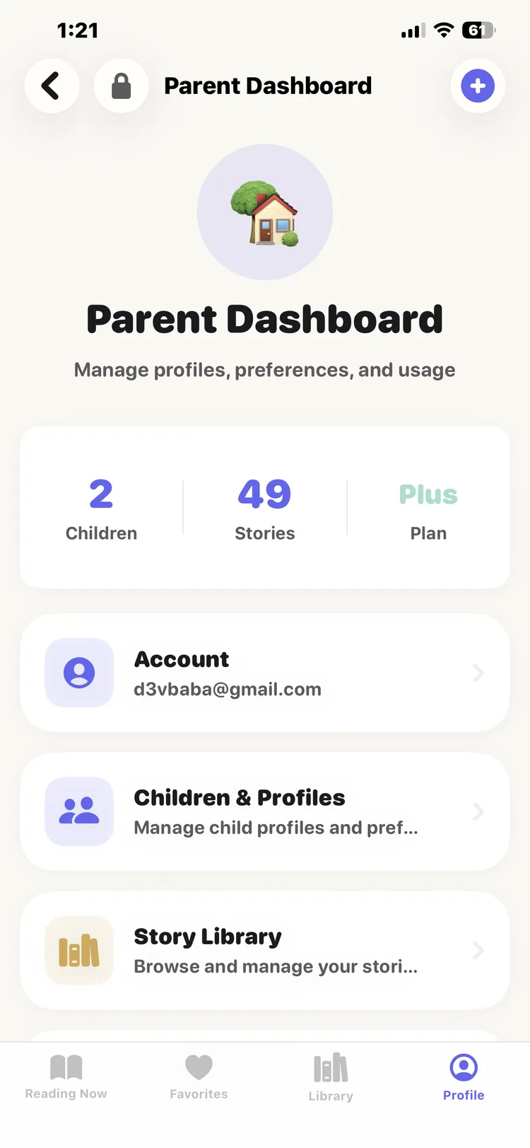 DreamWeaver parent dashboard showing child profiles, account management, and reading statistics