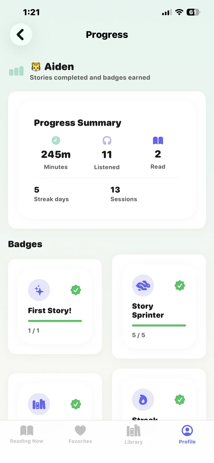 DreamWeaver progress tracking showing 245 reading minutes, 5 streak days, 13 sessions, and achievement badges