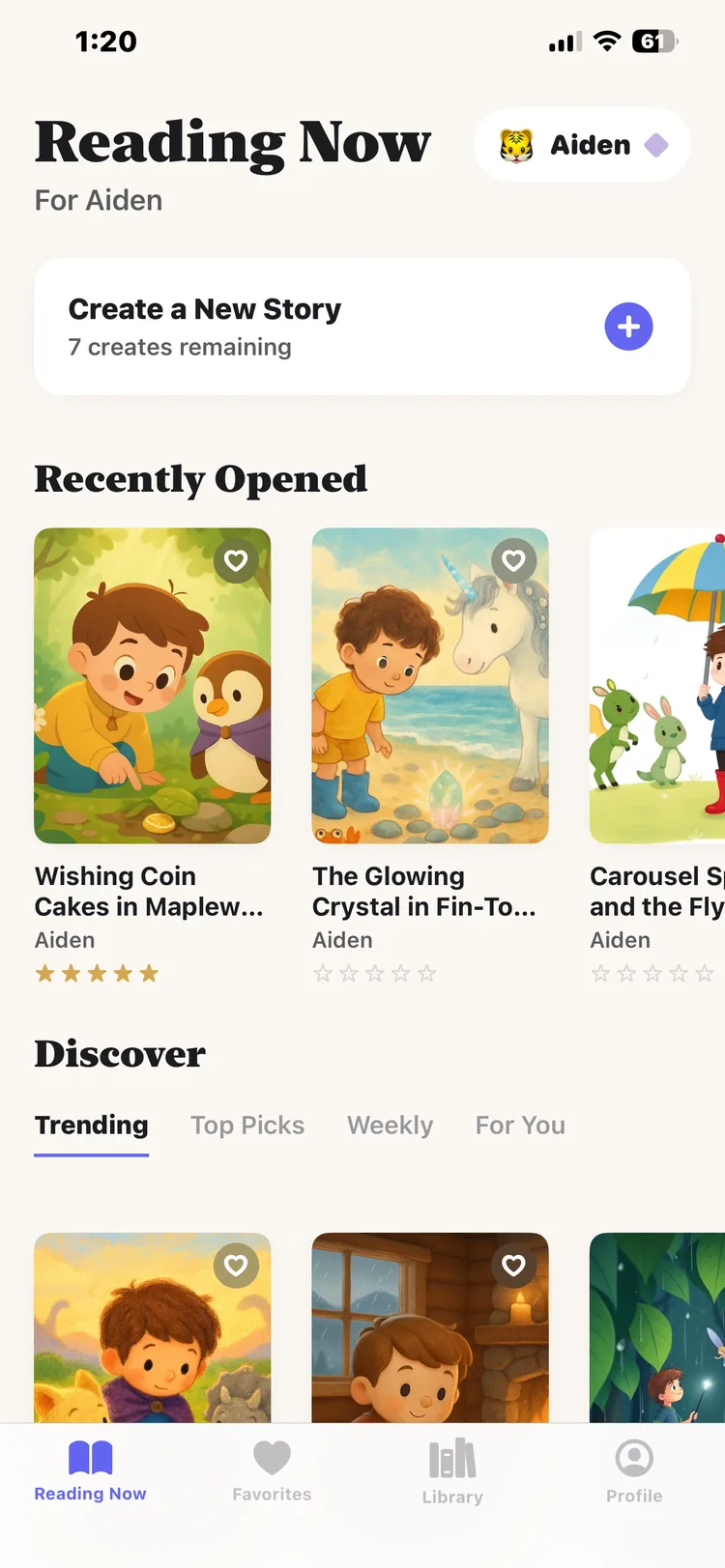 DreamWeaver home screen showing personalized stories for kids with colorful cover art and Discover section