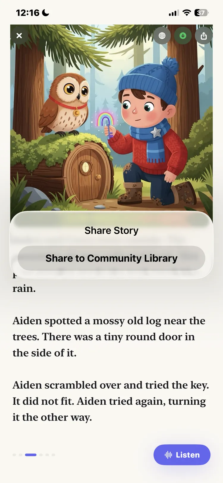 DreamWeaver share story modal with option to share to community library