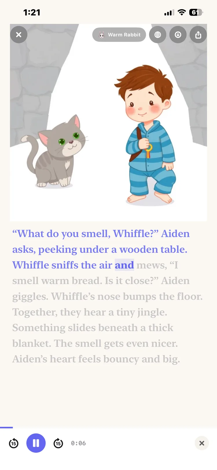 DreamWeaver story reader with AI voice narration playing, showing audio controls and sleep timer