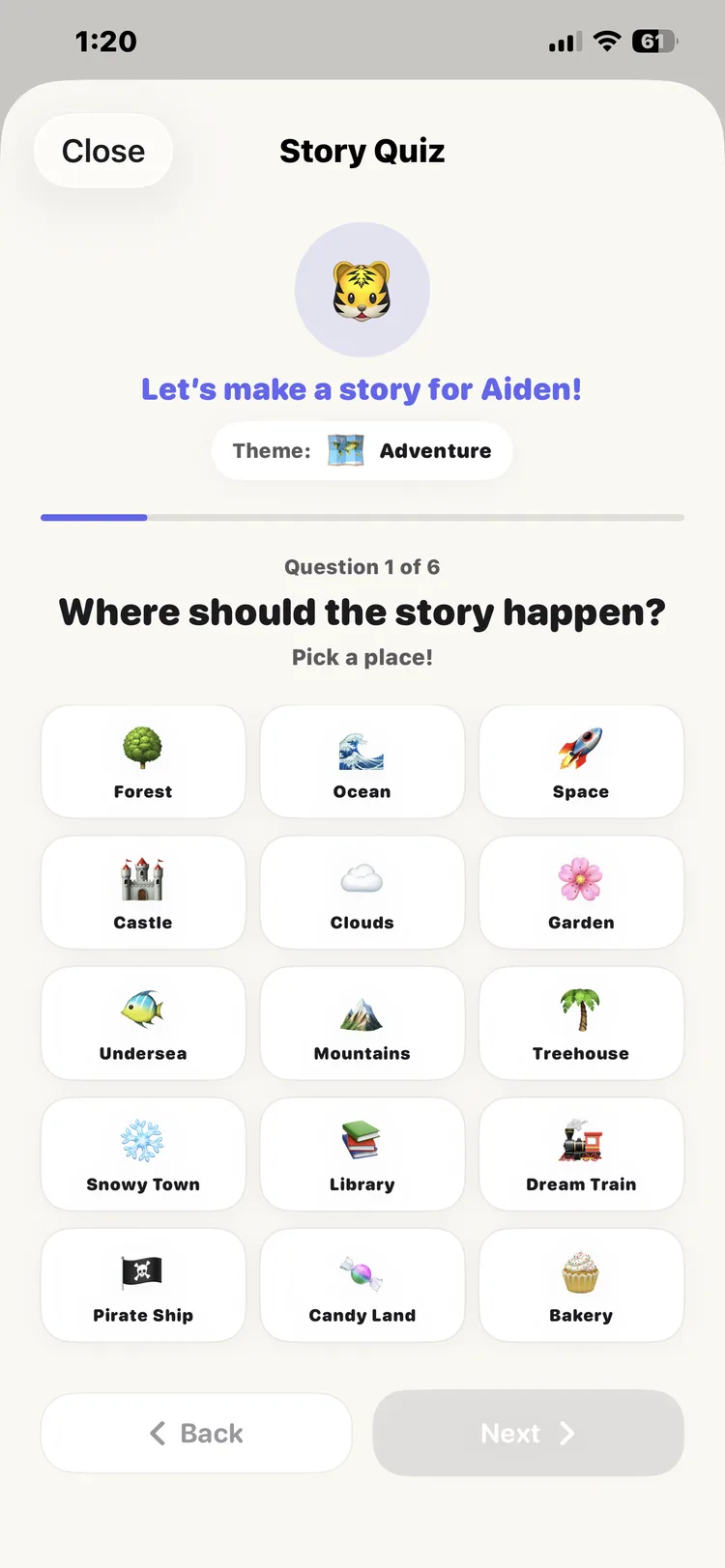 DreamWeaver story quiz screen where kids choose characters and themes