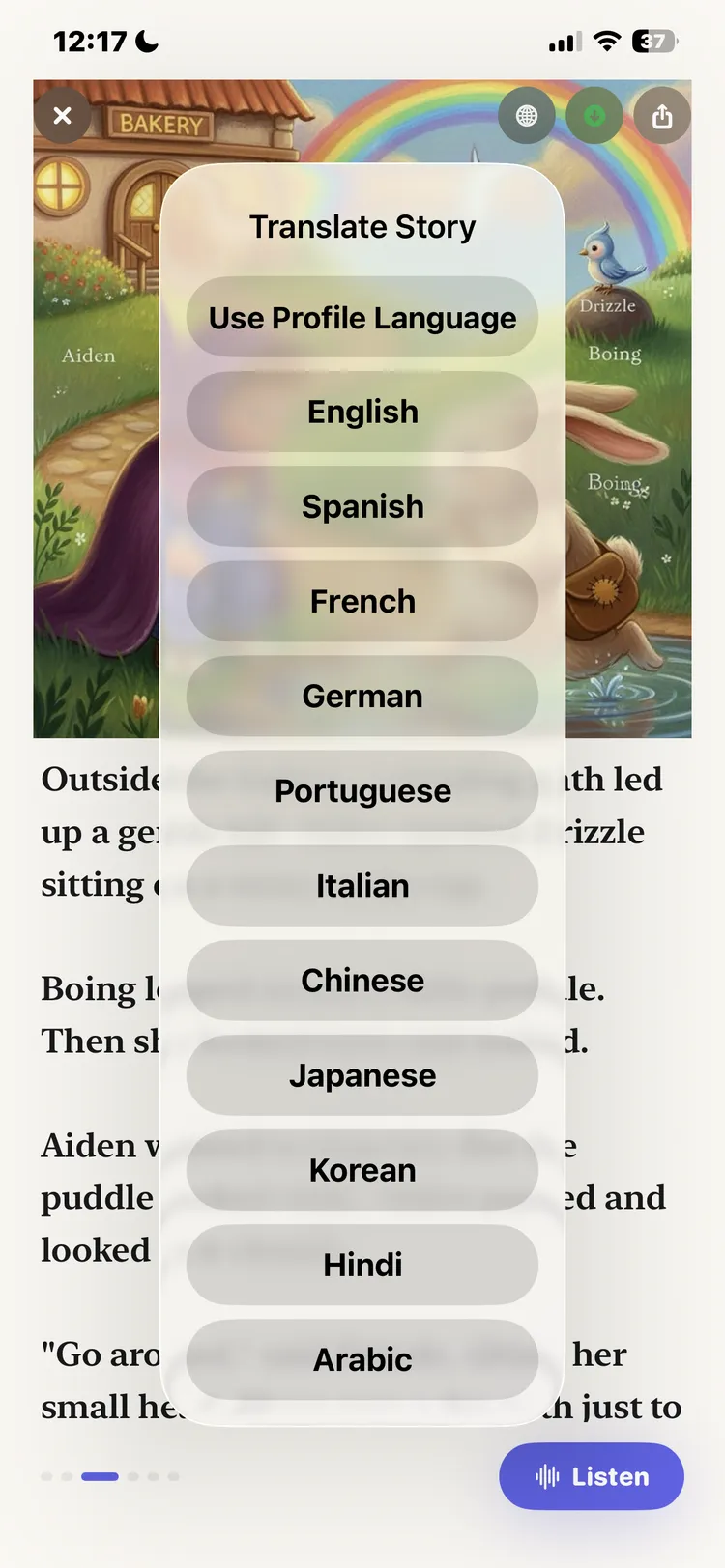 DreamWeaver translate story menu showing 11 language options including Spanish, French, Chinese, and Arabic